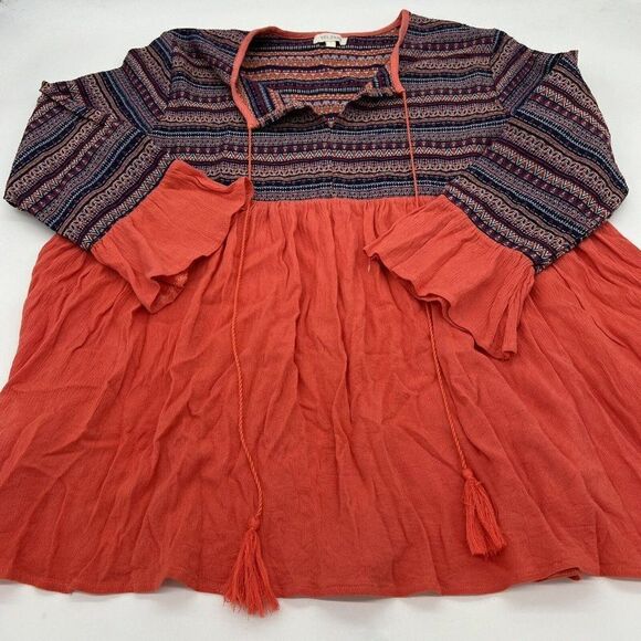 Velzera Orange Embroidered Blouse Tassels Size Large boho rayon - Picture 1 of 4